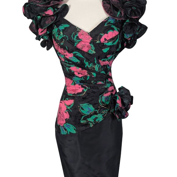 Vintage 80s Red Rose Floral Print Ruffle Sleeve Prom Cocktail Party Dress M - Picture 4 of 14